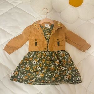 Floral Green and Tan Kids Dress with Jacket